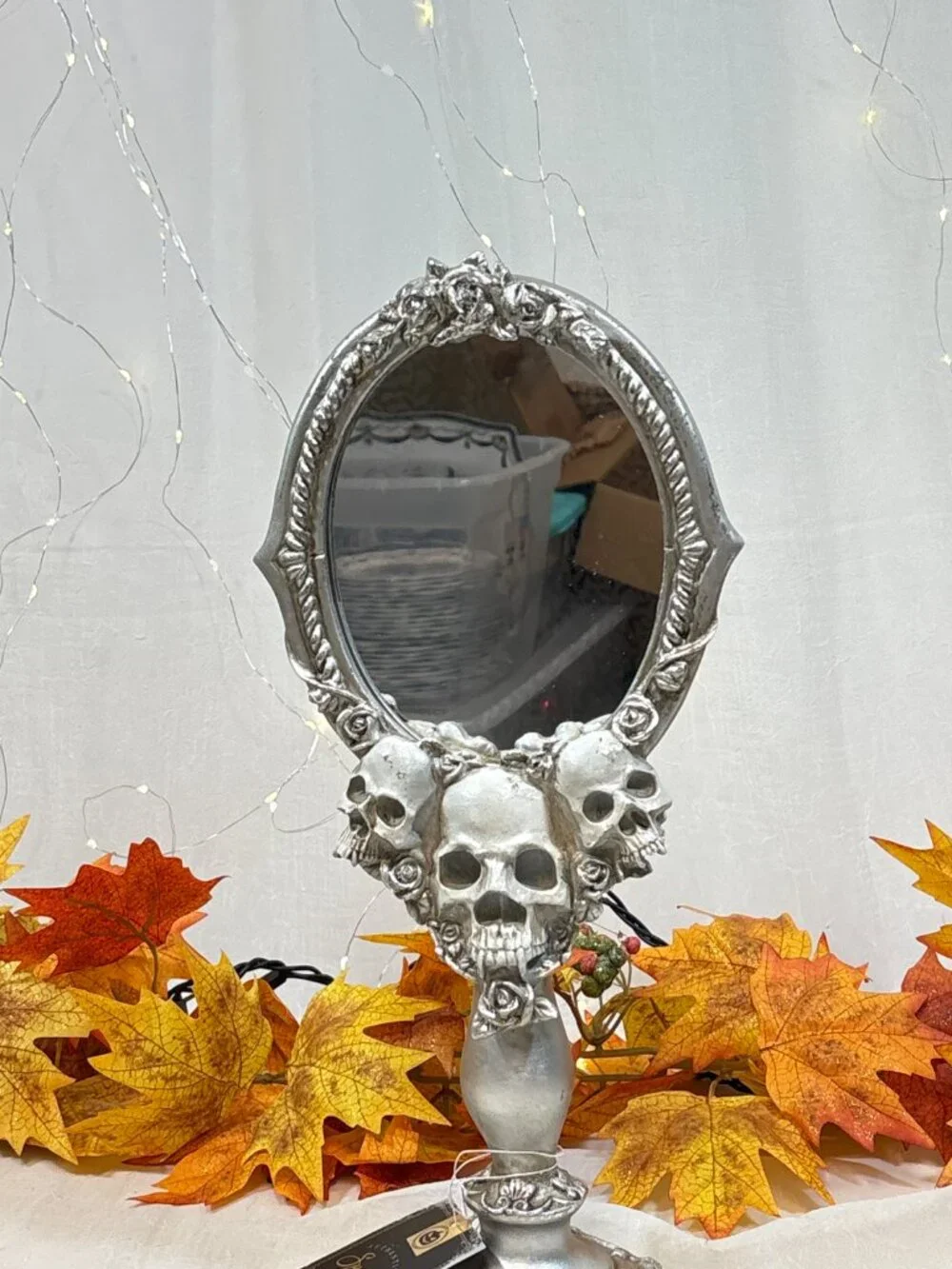 Halloween White Silver Skull Vintage Gothic Roses Vanity table top Mirror Decor